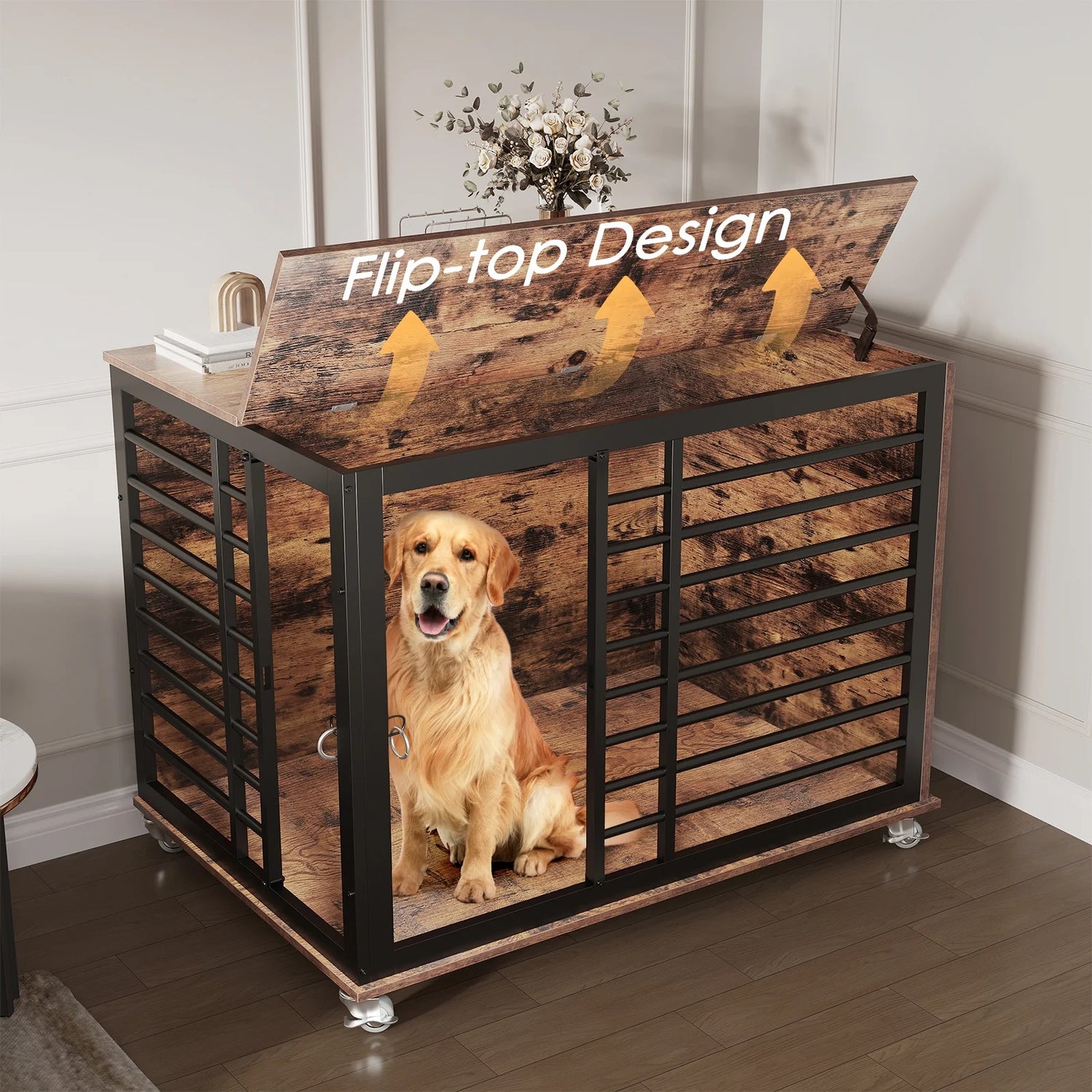 45 Inch Large Dog Crate Furniture with Flip Top, Heavy Duty Dog Kennel with Wheels, Wooden Dog Cage Table Indoor, for Large/Medium/Small Dogs, 45×30×31 Inch