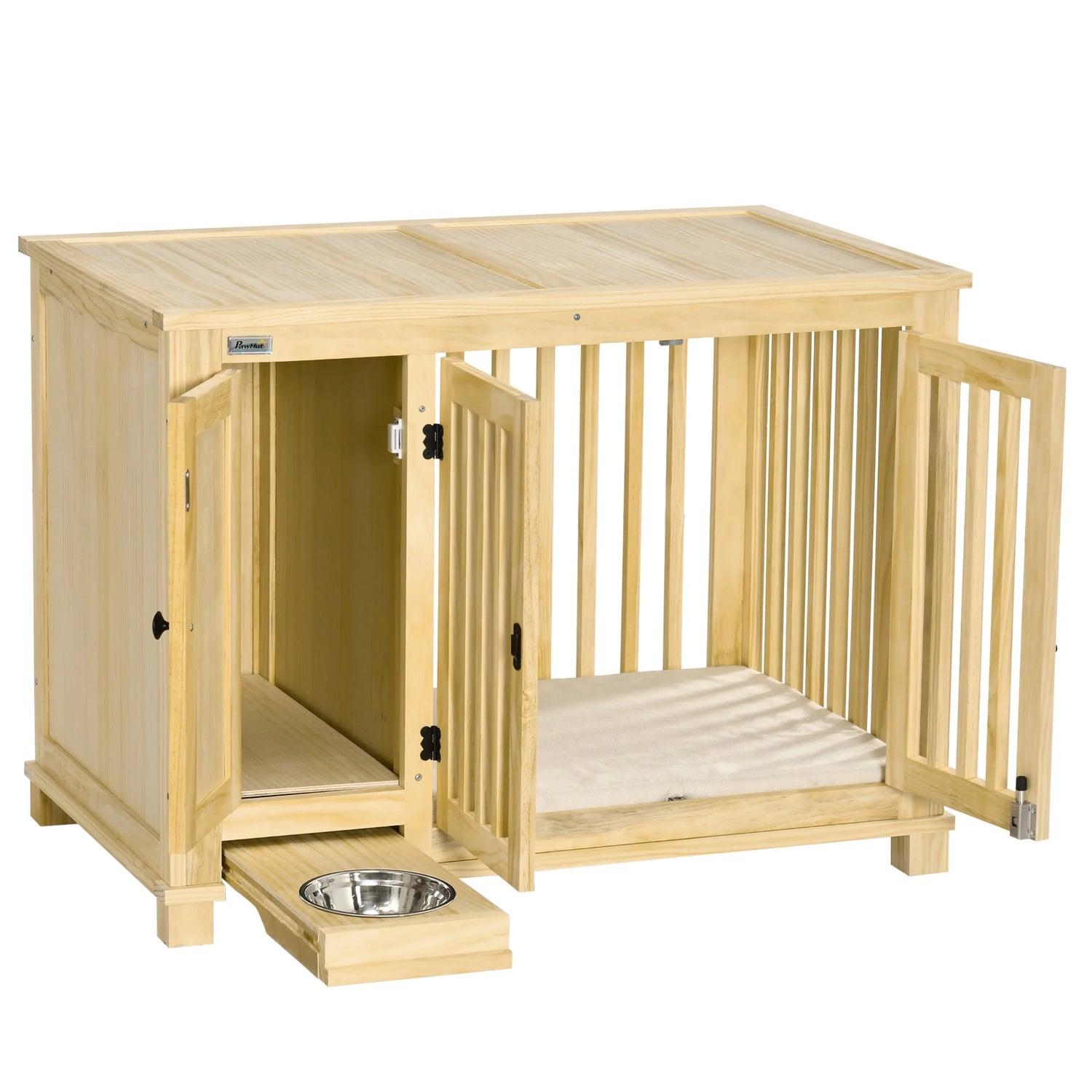 Small Dog Crate Furniture with Cabinet & Cushion, Wooden Dog Crate End Table with Food Bowl in Drawer, Indoor Dog Kennel Furniture Bed, Natural