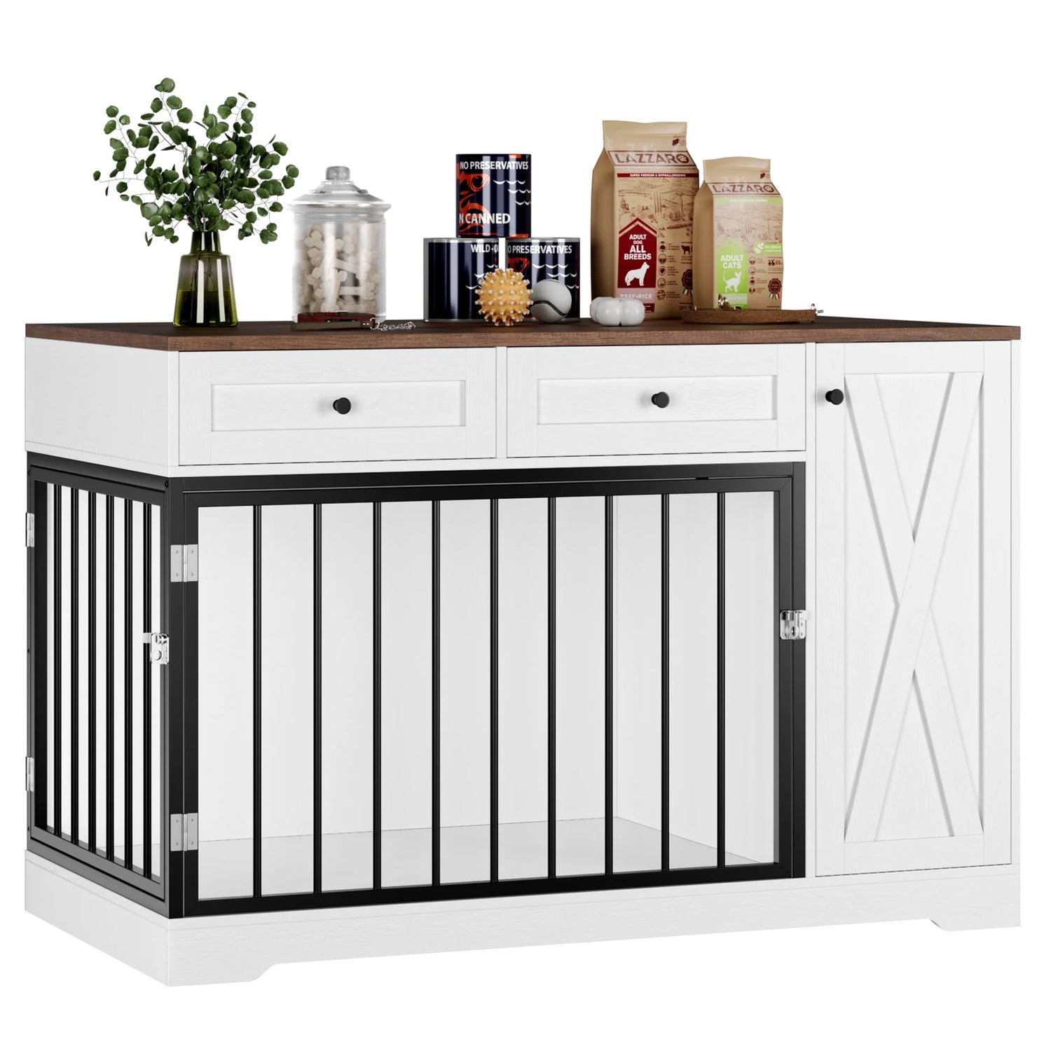 Puppy Dog Crate with Storage Cabinet and 2 Drawers, Indoor Furniture Style Wooden Large Dog Kennel, White