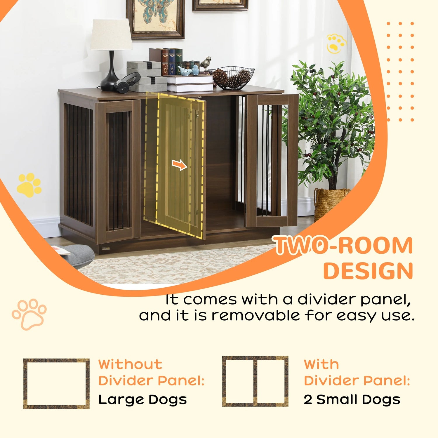 Large Furniture Style Dog Crate with Removable Panel Walnut