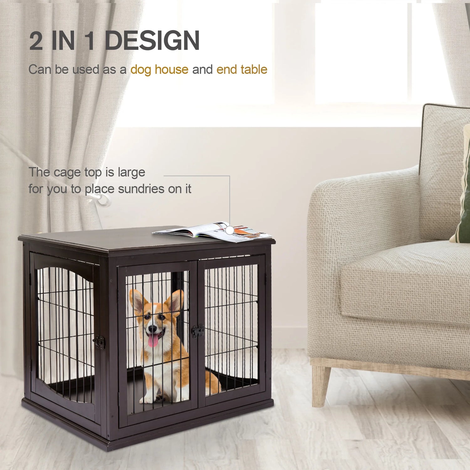 Wooden Decorative Dog Cage Pet Crate Kennel with Double Door Entrance, Dark Brown, 26''