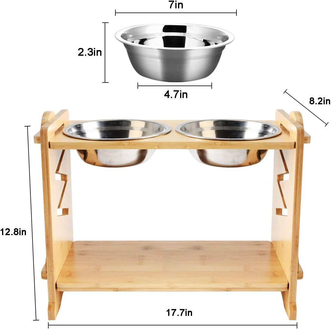 Adjustable Raised Pet Bowls for Cats and Dogs with 2 Stainless Bowls, 5 Heights Bamboo Elevated Stand Pet Feeder with Storage Shelf