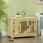 Small Dog Crate Furniture with Cabinet & Cushion, Wooden Dog Crate End Table with Food Bowl in Drawer, Indoor Dog Kennel Furniture Bed, Natural