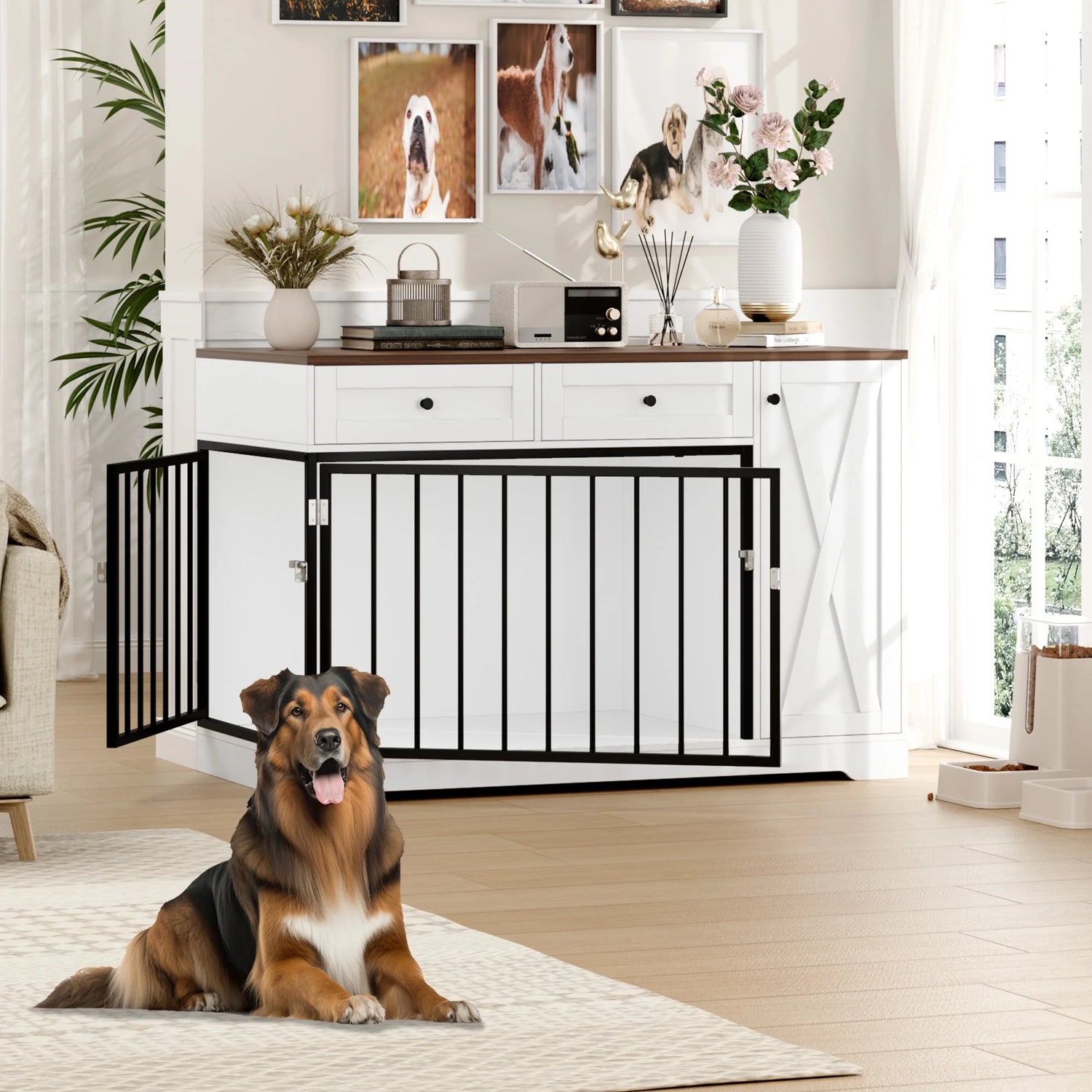 Puppy Dog Crate with Storage Cabinet and 2 Drawers, Indoor Furniture Style Wooden Large Dog Kennel, White