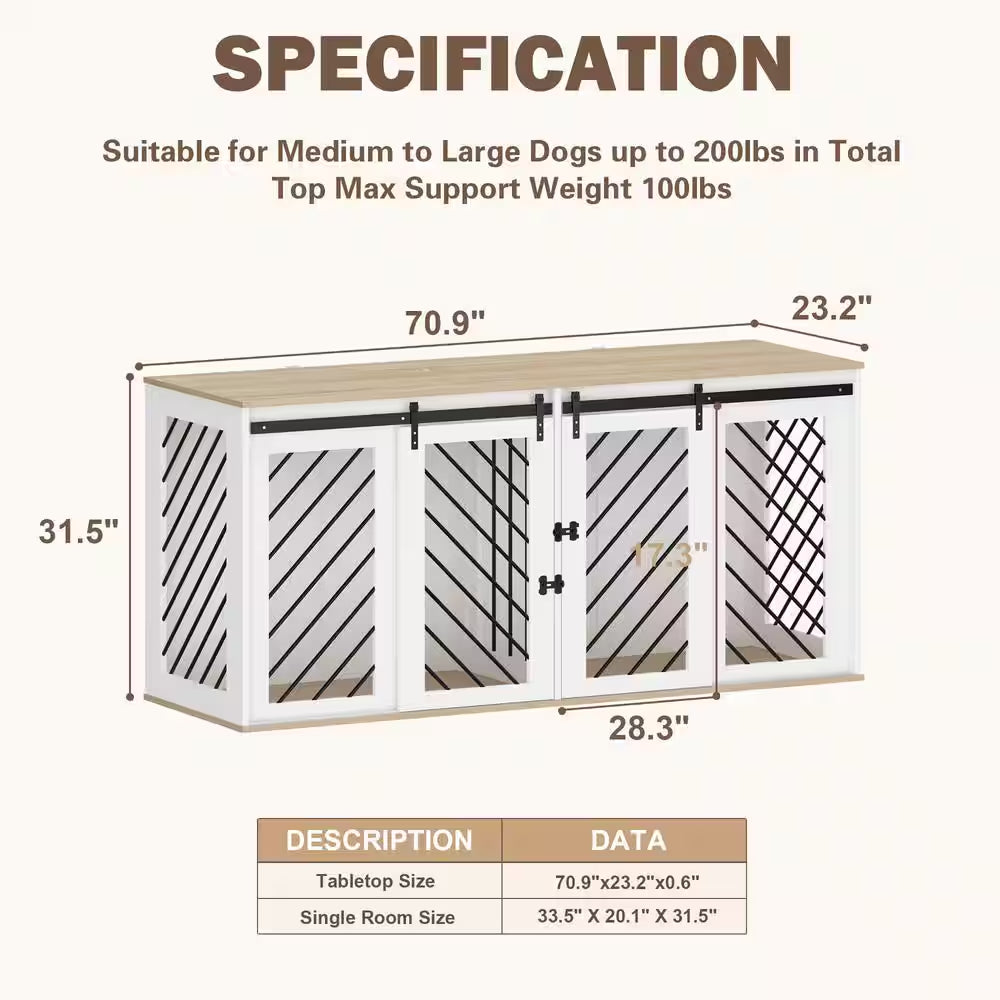 70.8 In. Indestructible Dog House with Removable Irons for 2 Medium Dogs, Modern Large Dog Crate Kennel Furniture, White