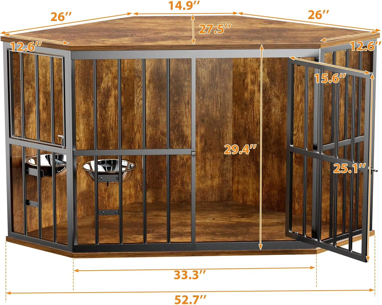 53 Inch, Dog Kennel Corner Wooden End Table with Bowl, Pet Crates Corner Side Table for Dogs, Wide Top Perfect for Limited Room