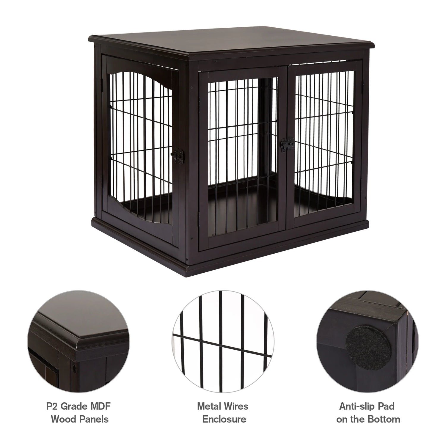 Wooden Decorative Dog Cage Pet Crate Kennel with Double Door Entrance, Dark Brown, 26''