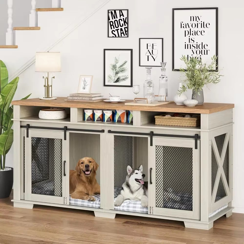 71" Dog Crate Furniture, Wooden Double Dogs Crates with 3 Storages and Removable Divider, Furniture Style Dog Crate Table