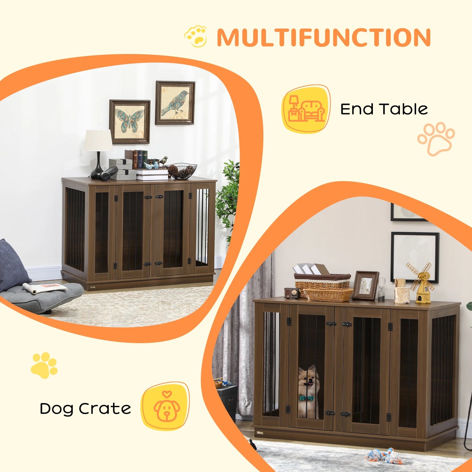 Large Furniture Style Dog Crate with Removable Panel Walnut