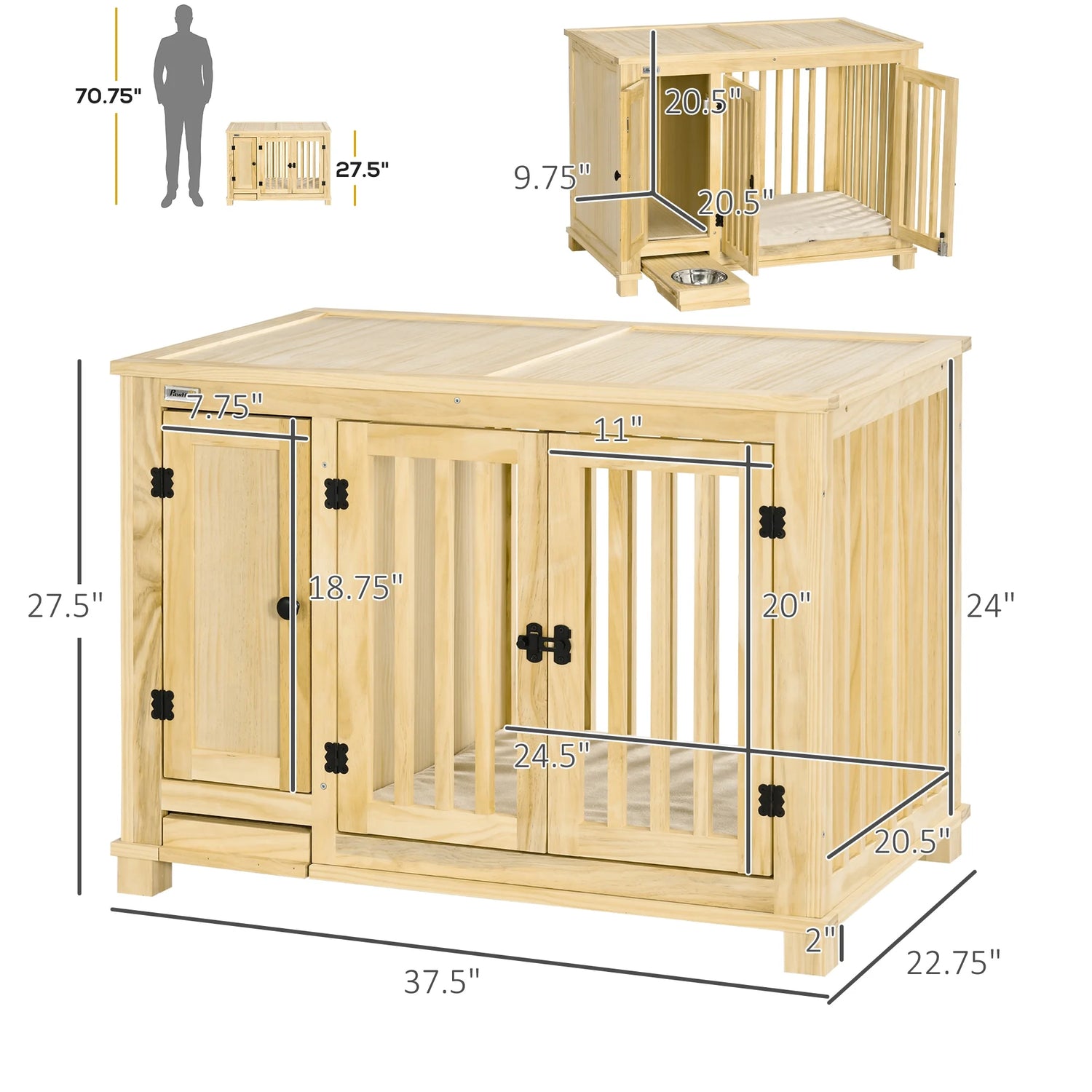 Small Dog Crate Furniture with Cabinet & Cushion, Wooden Dog Crate End Table with Food Bowl in Drawer, Indoor Dog Kennel Furniture Bed, Natural