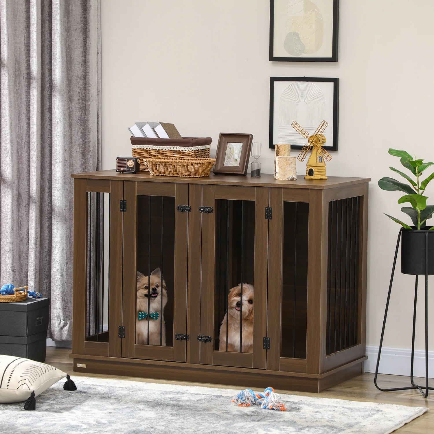 Large Furniture Style Dog Crate with Removable Panel Walnut