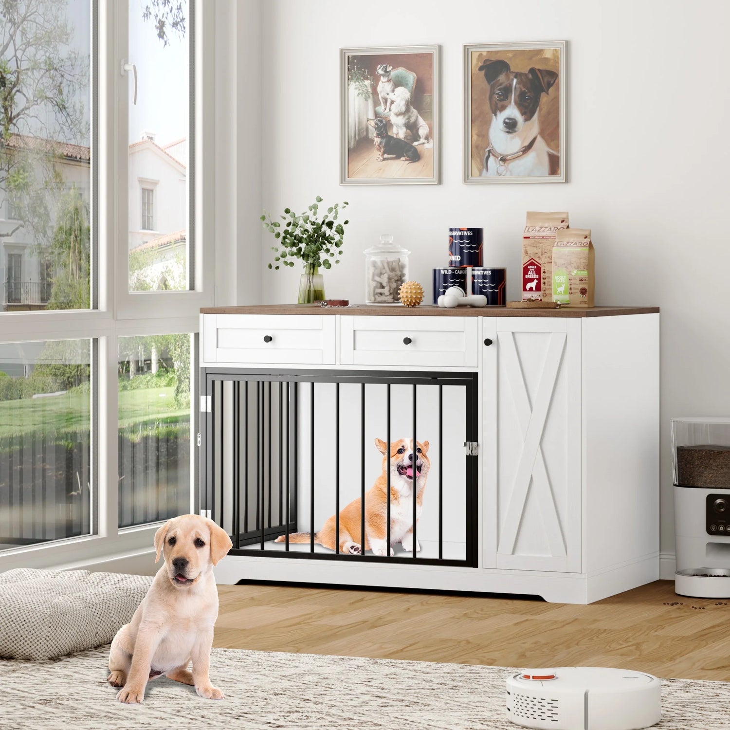 Puppy Dog Crate with Storage Cabinet and 2 Drawers, Indoor Furniture Style Wooden Large Dog Kennel, White