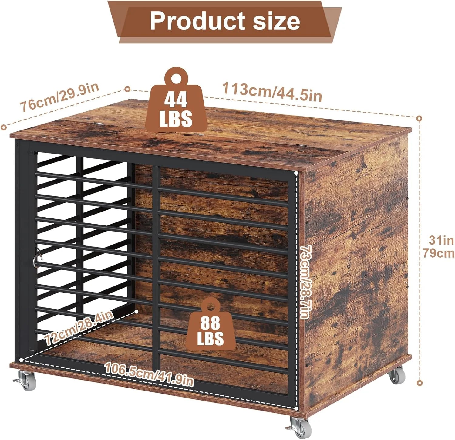 45 Inch Large Dog Crate Furniture with Flip Top, Heavy Duty Dog Kennel with Wheels, Wooden Dog Cage Table Indoor, for Large/Medium/Small Dogs, 45×30×31 Inch