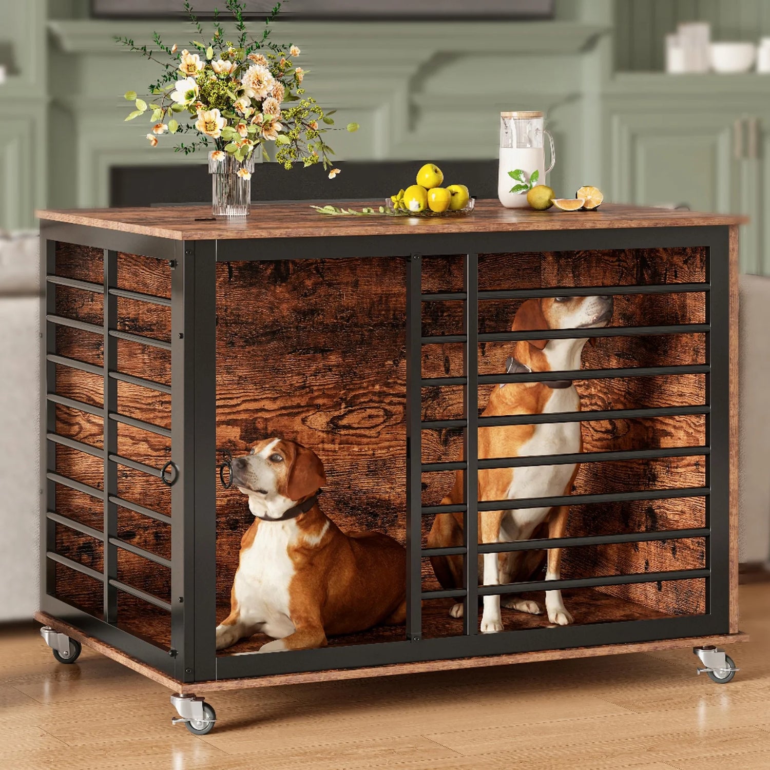 45 Inch Large Dog Crate Furniture with Flip Top, Heavy Duty Dog Kennel with Wheels, Wooden Dog Cage Table Indoor, for Large/Medium/Small Dogs, 45×30×31 Inch