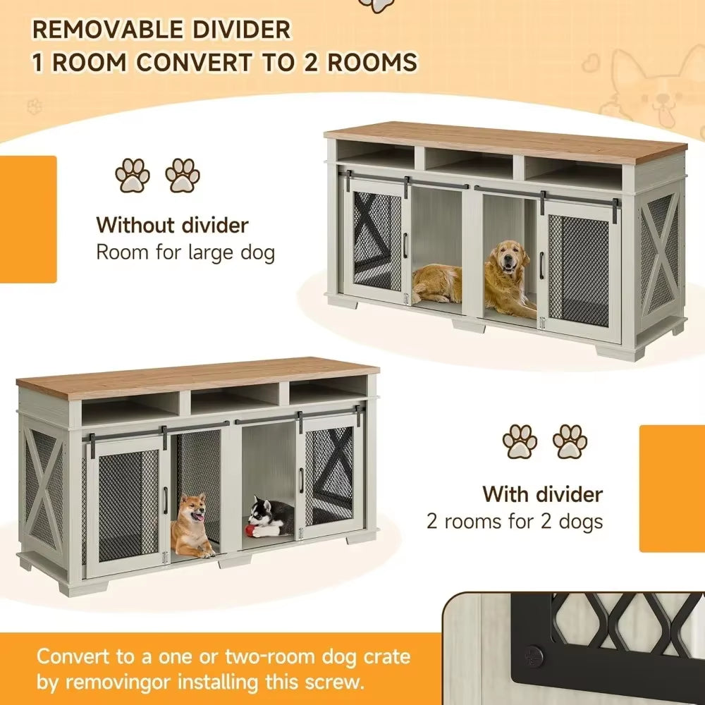 71" Dog Crate Furniture, Wooden Double Dogs Crates with 3 Storages and Removable Divider, Furniture Style Dog Crate Table