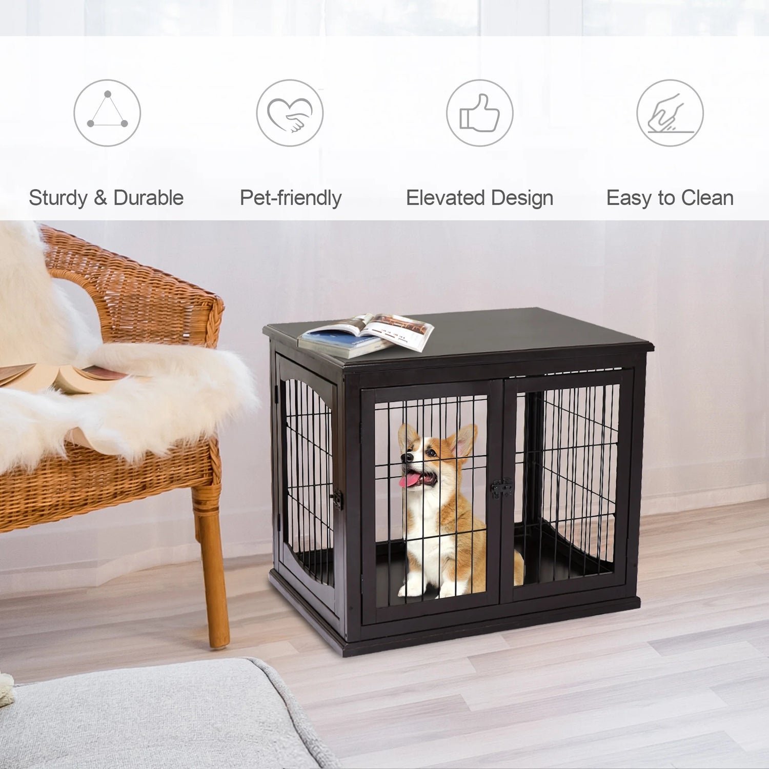 Wooden Decorative Dog Cage Pet Crate Kennel with Double Door Entrance, Dark Brown, 26''