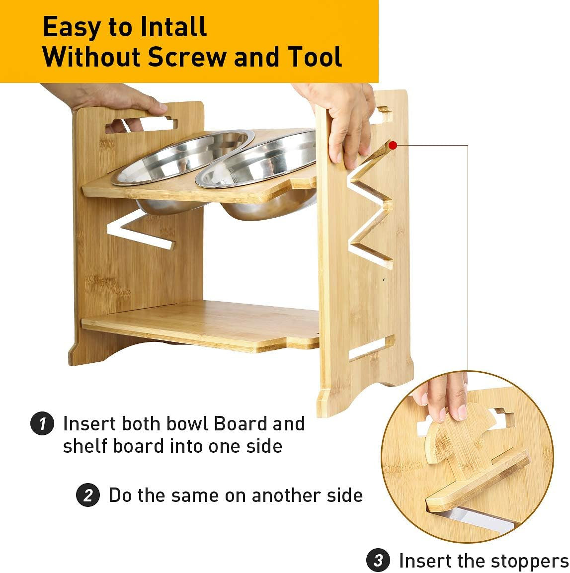 Adjustable Raised Pet Bowls for Cats and Dogs with 2 Stainless Bowls, 5 Heights Bamboo Elevated Stand Pet Feeder with Storage Shelf