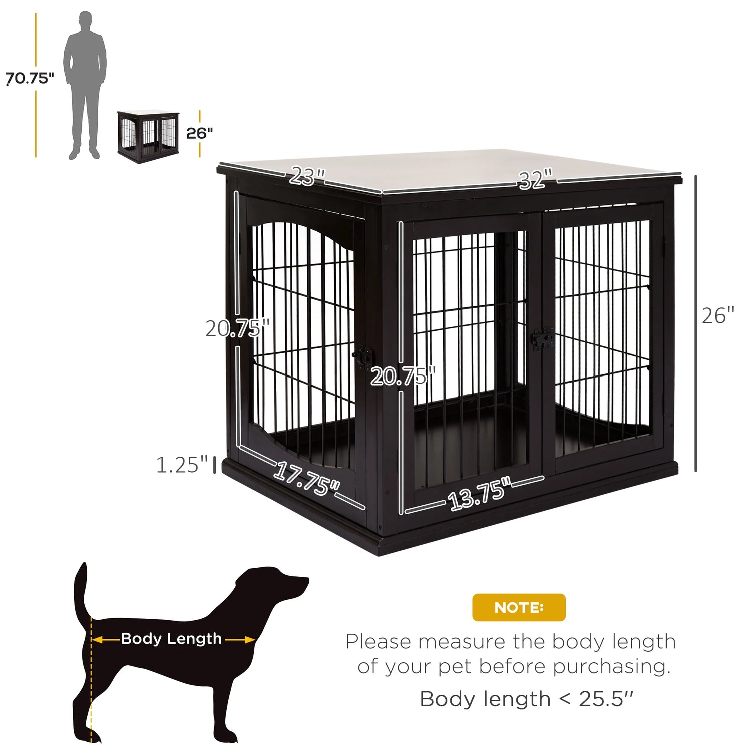 Wooden Decorative Dog Cage Pet Crate Kennel with Double Door Entrance, Dark Brown, 26''