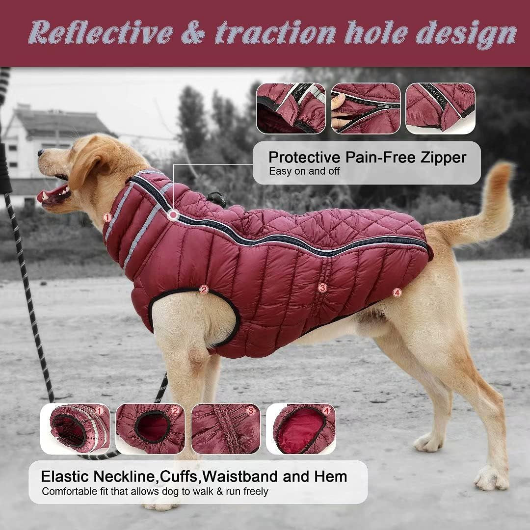 Thick Padded Dog Jacket Clothes for Medium Large Dogs - Winter Waterproof Pet Dog Puffer Jacket - Reflective Cold Weather Dog Coat Outdoor Clothing Apparel(Red,Chest 26")