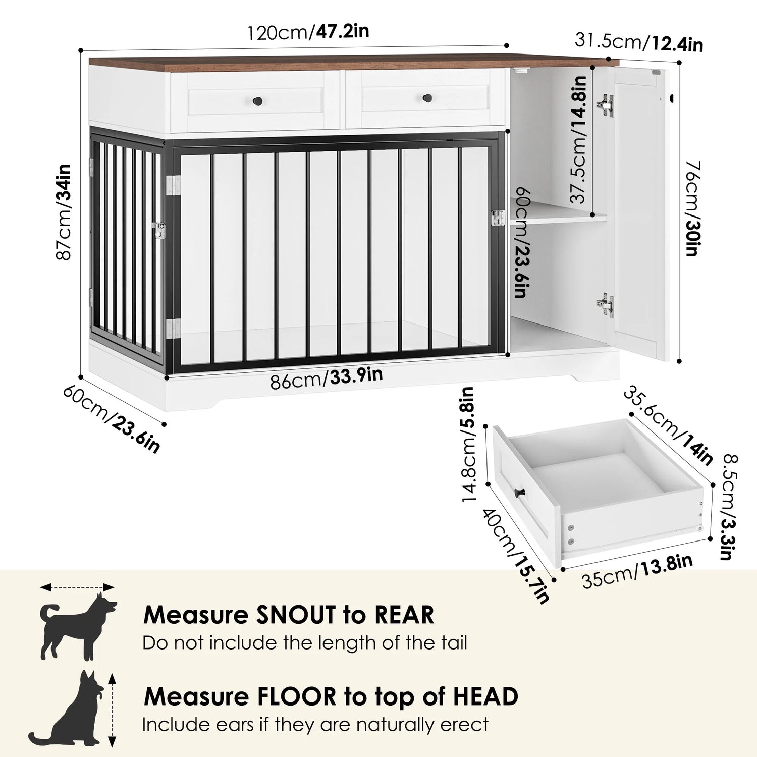 Puppy Dog Crate with Storage Cabinet and 2 Drawers, Indoor Furniture Style Wooden Large Dog Kennel, White