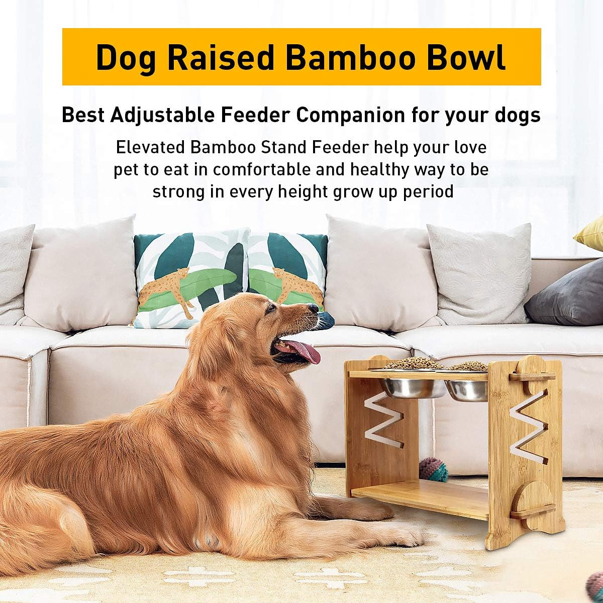 Adjustable Raised Pet Bowls for Cats and Dogs with 2 Stainless Bowls, 5 Heights Bamboo Elevated Stand Pet Feeder with Storage Shelf