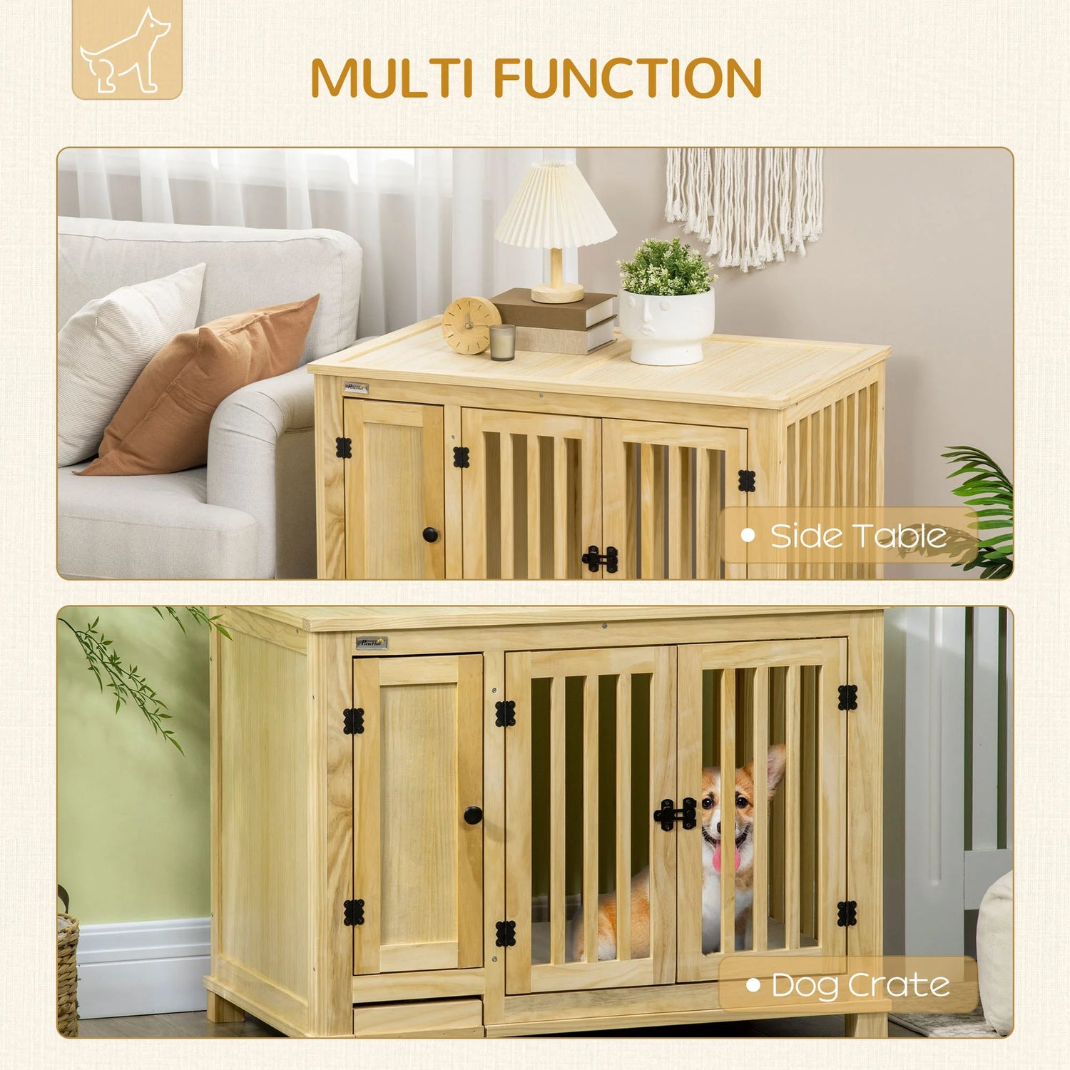 Small Dog Crate Furniture with Cabinet & Cushion, Wooden Dog Crate End Table with Food Bowl in Drawer, Indoor Dog Kennel Furniture Bed, Natural